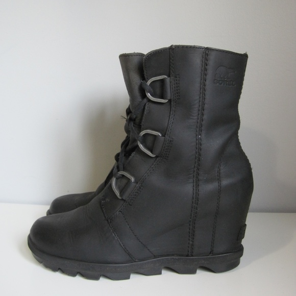 Sorel Shoes - Sorel Black Joan of Arctic Lace Up Wedge Mid Leather Boots Booties Women's 6.5